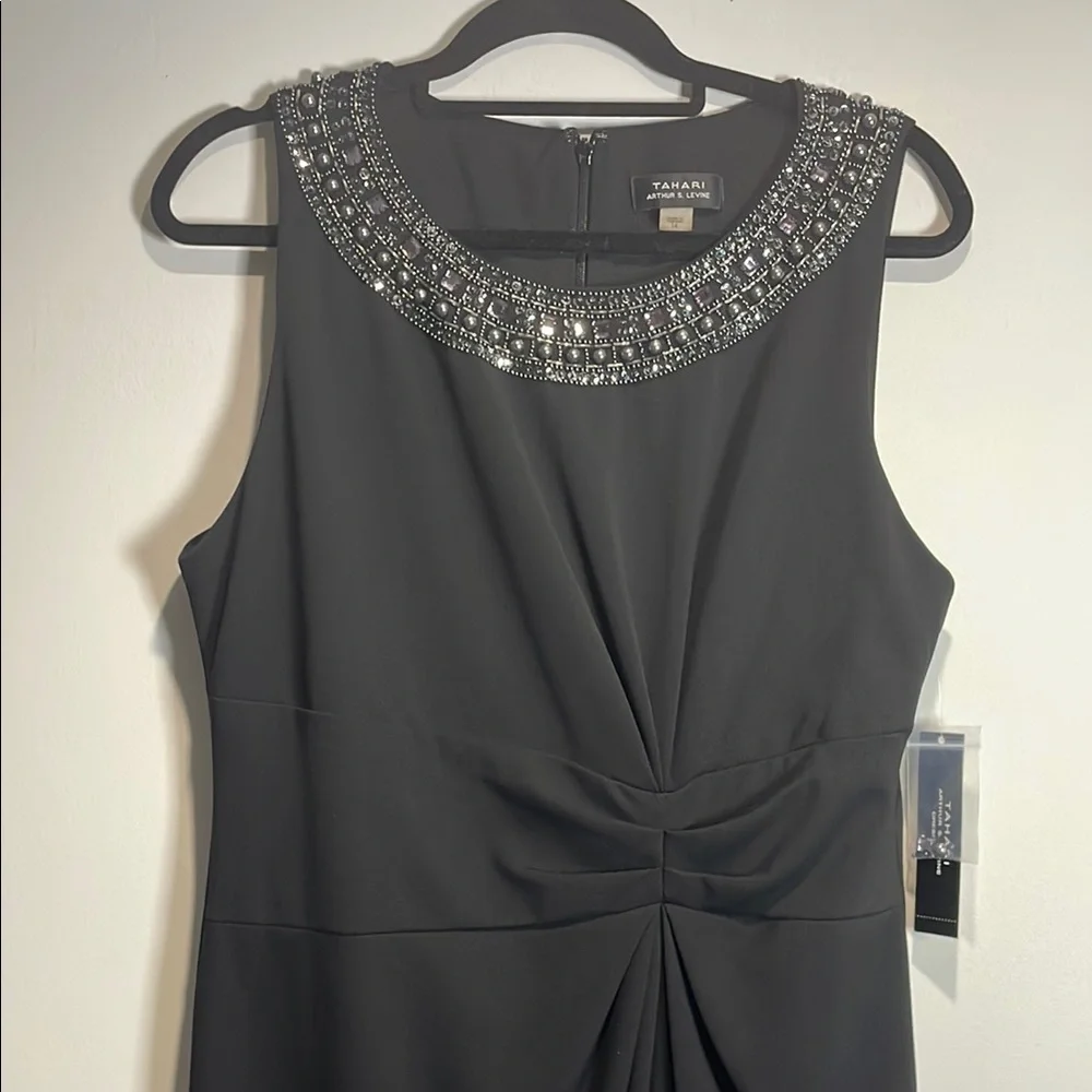 Tahari ASL Cocktail Dress Embellished Neck Ruched Size 14 nwt - Picture 6 of 13